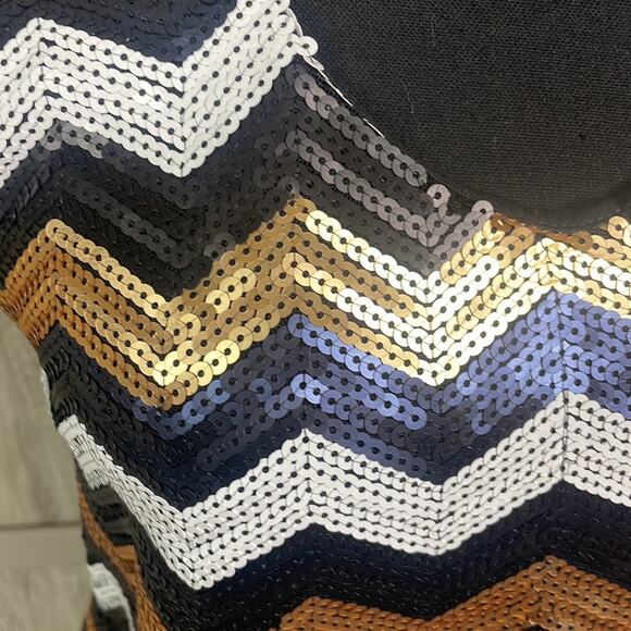 Francesca's Alya black/navy/gold/cream sequins bodycon dress women's L - Picture 2 of 13